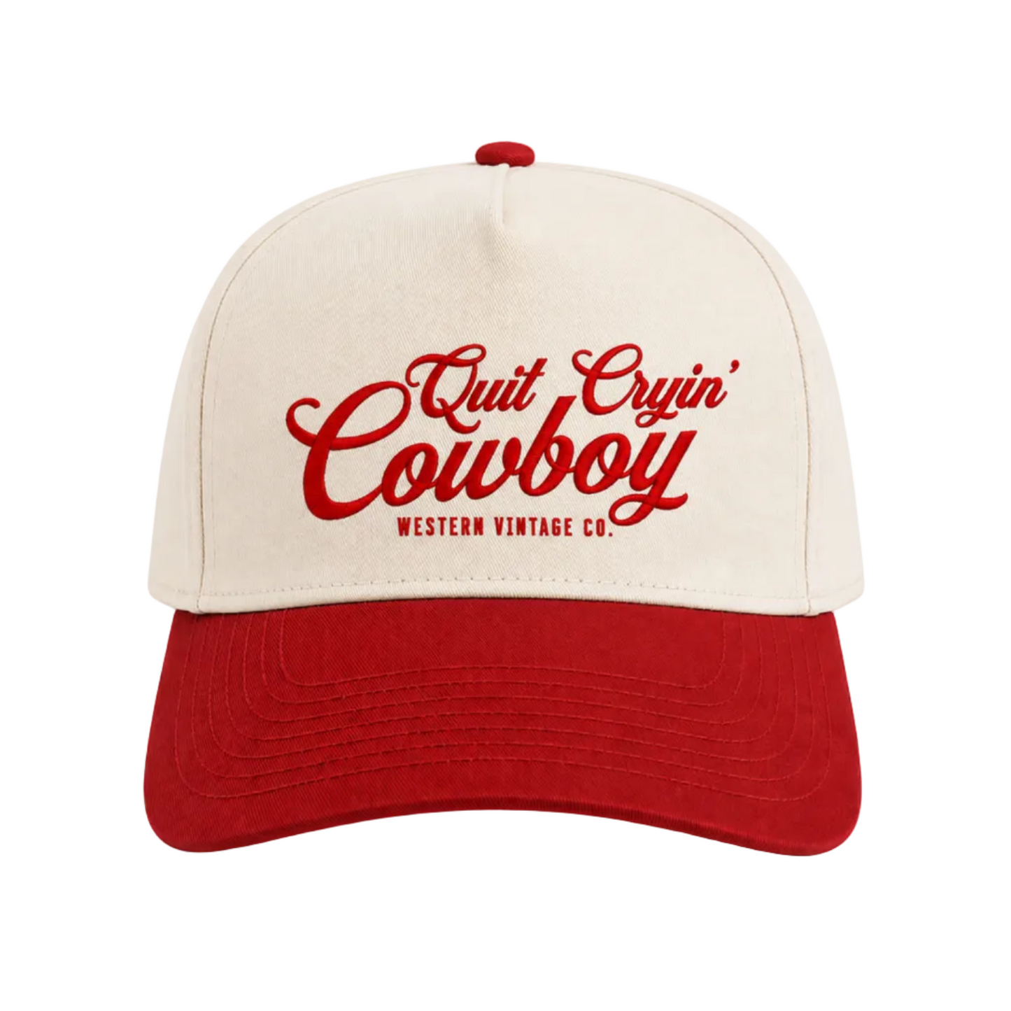 Quit Cryin' Cowboy cap | Western vintage script, two-tone trucker hat